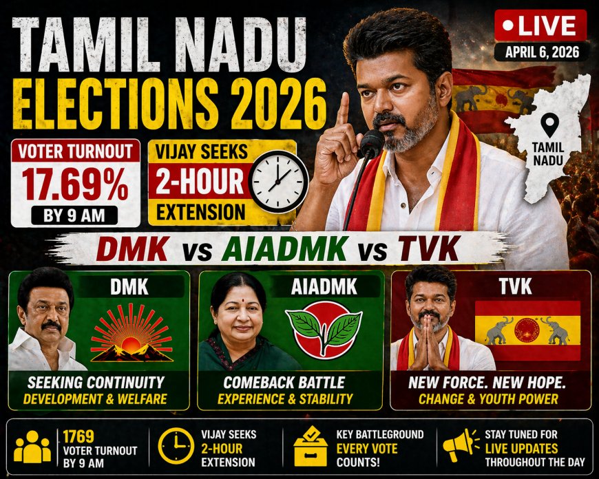 Tamil Nadu Elections 2026 LIVE: 17.69% Voter Turnout by 9 AM; Vijay Seeks 2-Hour Extension | DMK vs AIADMK vs TVK